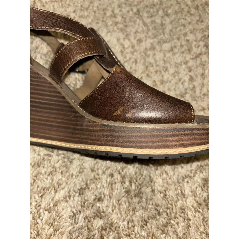 Timberland Earthkeepers Danforth Brown Wedge Leather Sandals Size 9 Anti-Fatigue